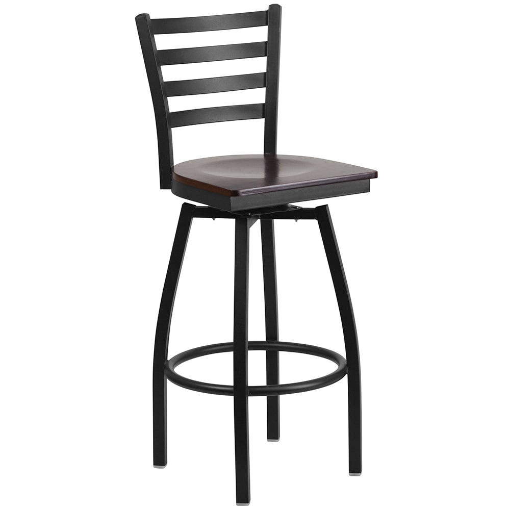 Flash Furniture XU-6F8B-LADSWVL-WALW-GG Bar Stool w/ Ladder Back & Walnut Wood Seat, Black