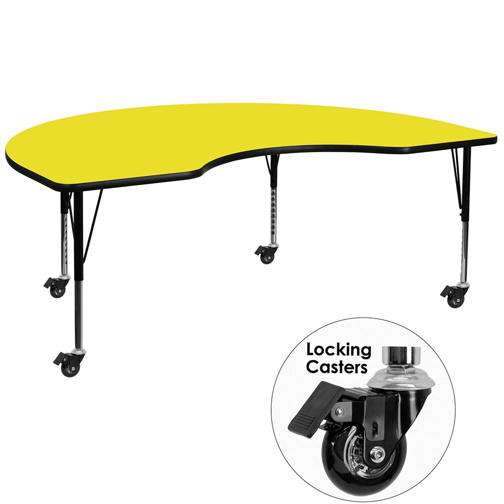 Flash Furniture XU-A4896-KIDNY-YEL-H-P-CAS-GG Kidney Shaped Mobile Activity Table - 96"L x 48"W, Laminate Top, Yellow