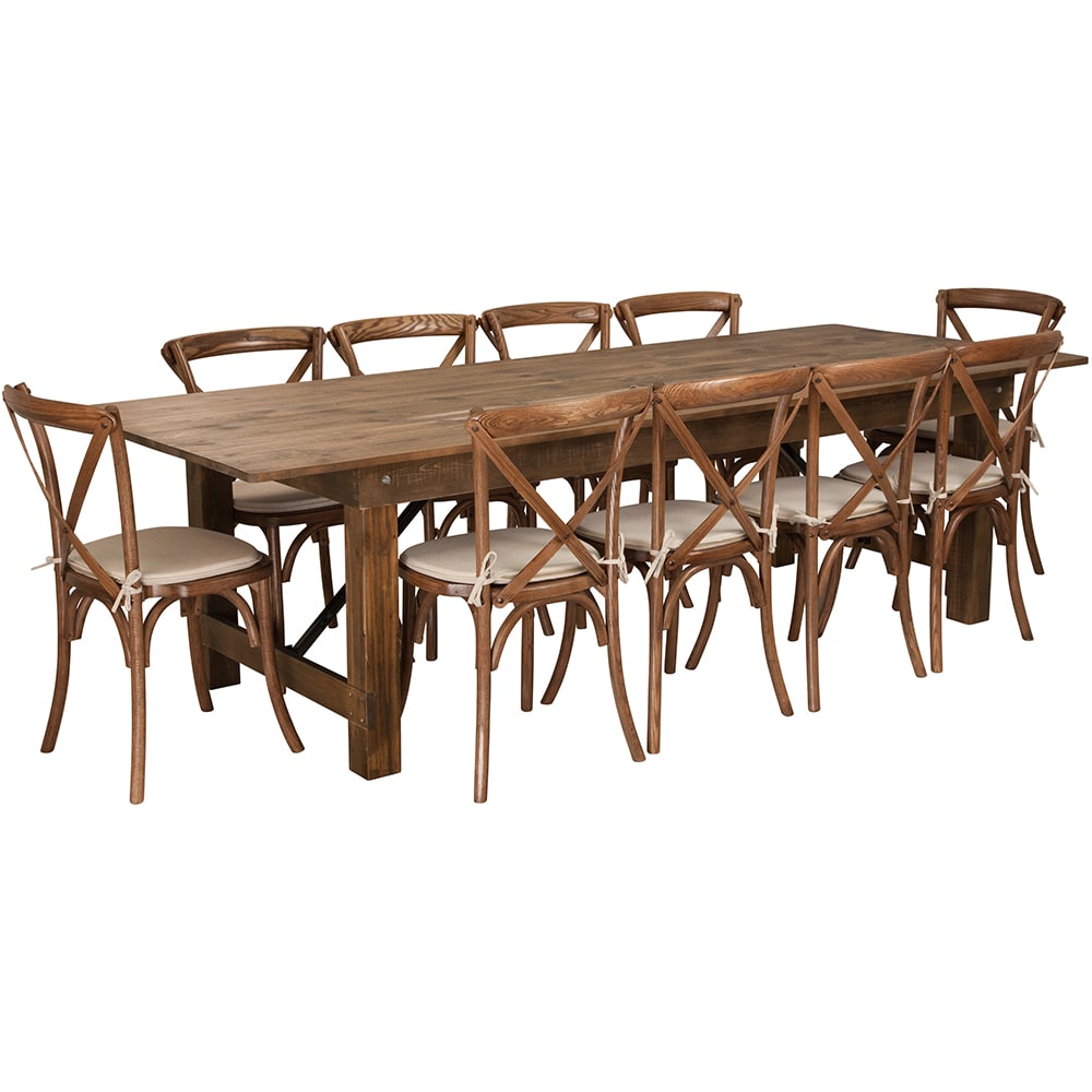 Flash Furniture XA-FARM-15-GG Rectangular Folding Farm Table & (10) Chair Set - 108"W x 40"D x 30"H, Plank Top, Pine Base