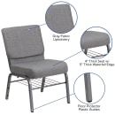 Flash Furniture XU-CH0221-GY-SV-BAS-GG Extra Wide Stacking Church Chair w/ Gray Polyester Back & Seat - Steel Frame, Silver Vein thumbnail 3