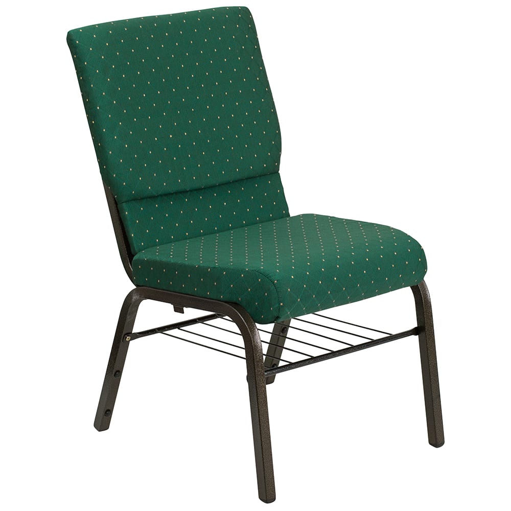 Flash Furniture XU-CH-60096-GN-BAS-GG Stacking Church Chair w/ Green Patterned Polyester Back & Seat - Steel Frame, Gold Vein