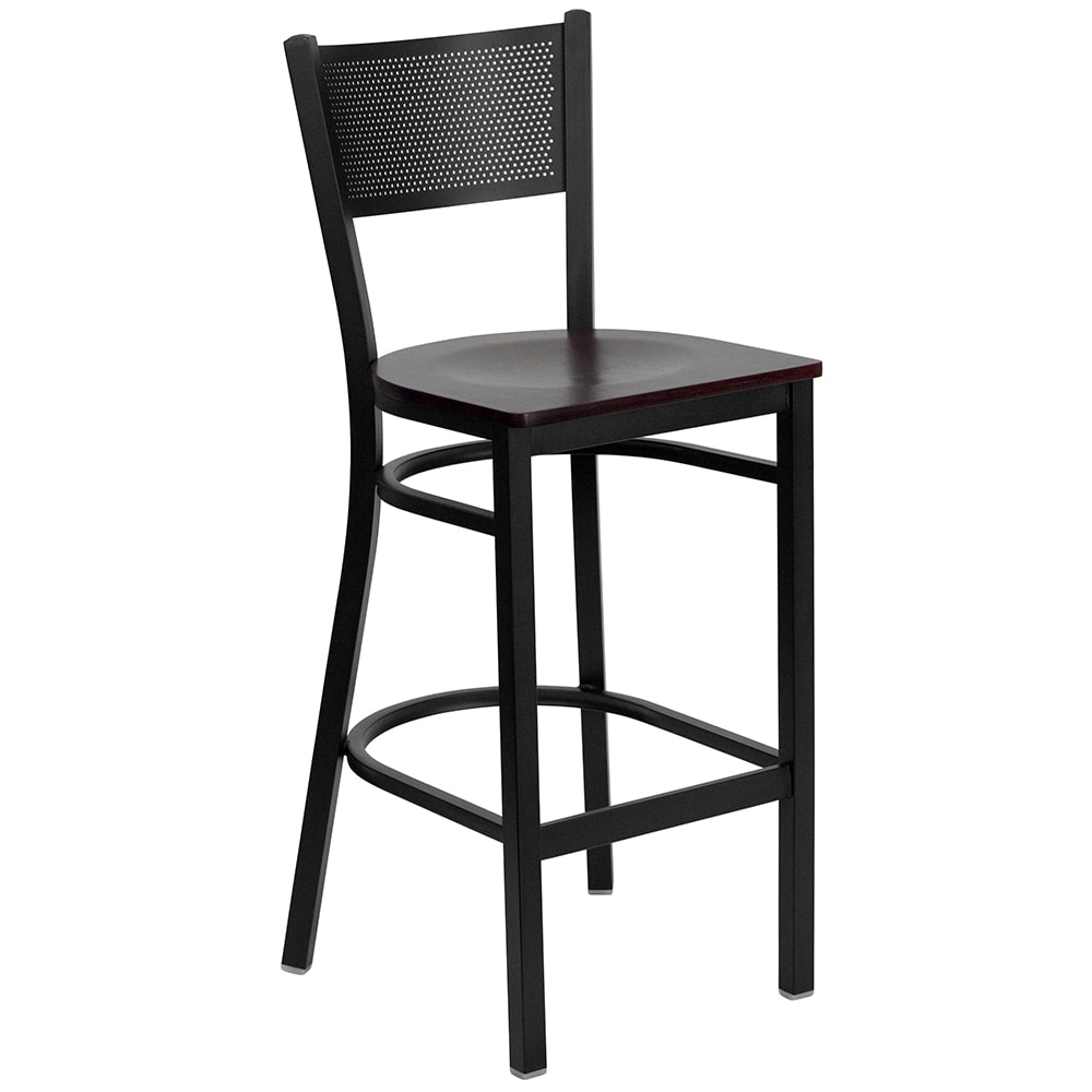 Flash Furniture XU-DG-60116-GRD-BAR-MAHW-GG Bar Stool w/ Grid Back & Mahogany Wood Seat, Black