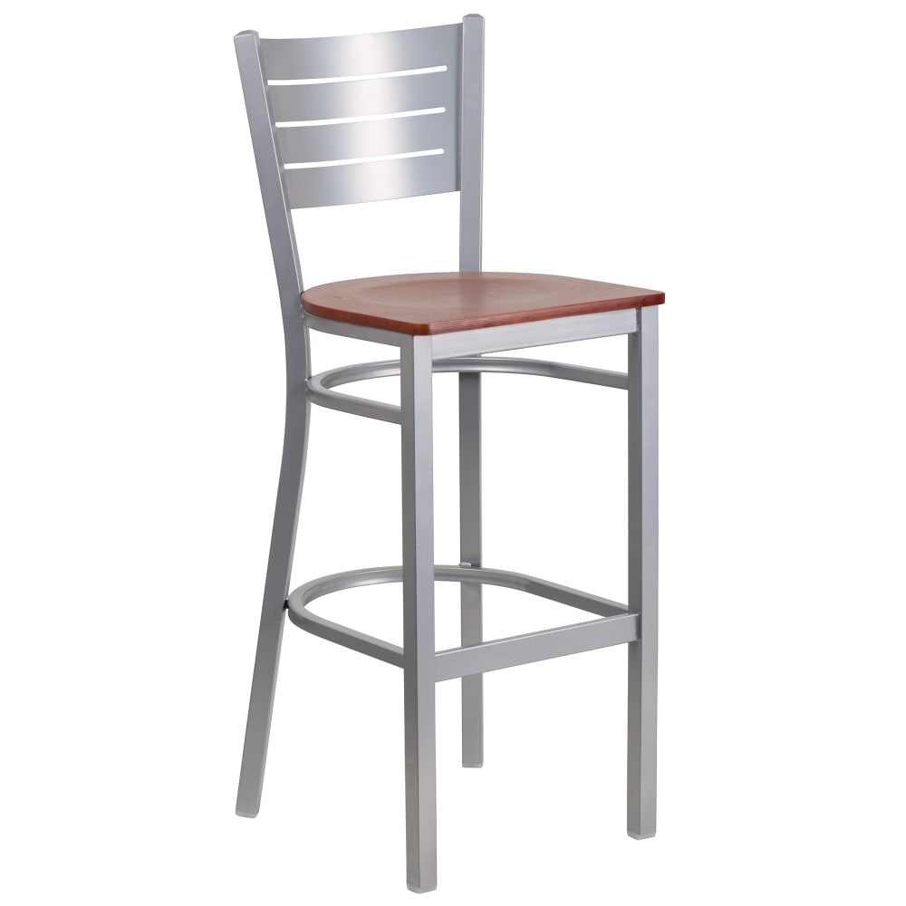 Flash Furniture XU-DG-60402-BAR-CHYW-GG Bar Stool w/ Metal Slat Back & Cherry Wood Seat, Silver