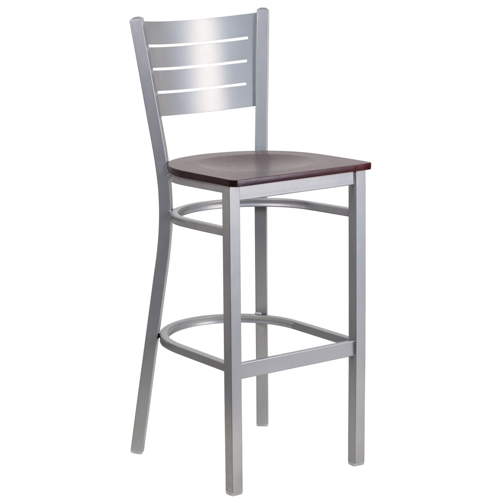 Flash Furniture XU-DG-60402-BAR-MAHW-GG Bar Stool w/ Metal Slat Back & Mahogany Wood Seat, Silver