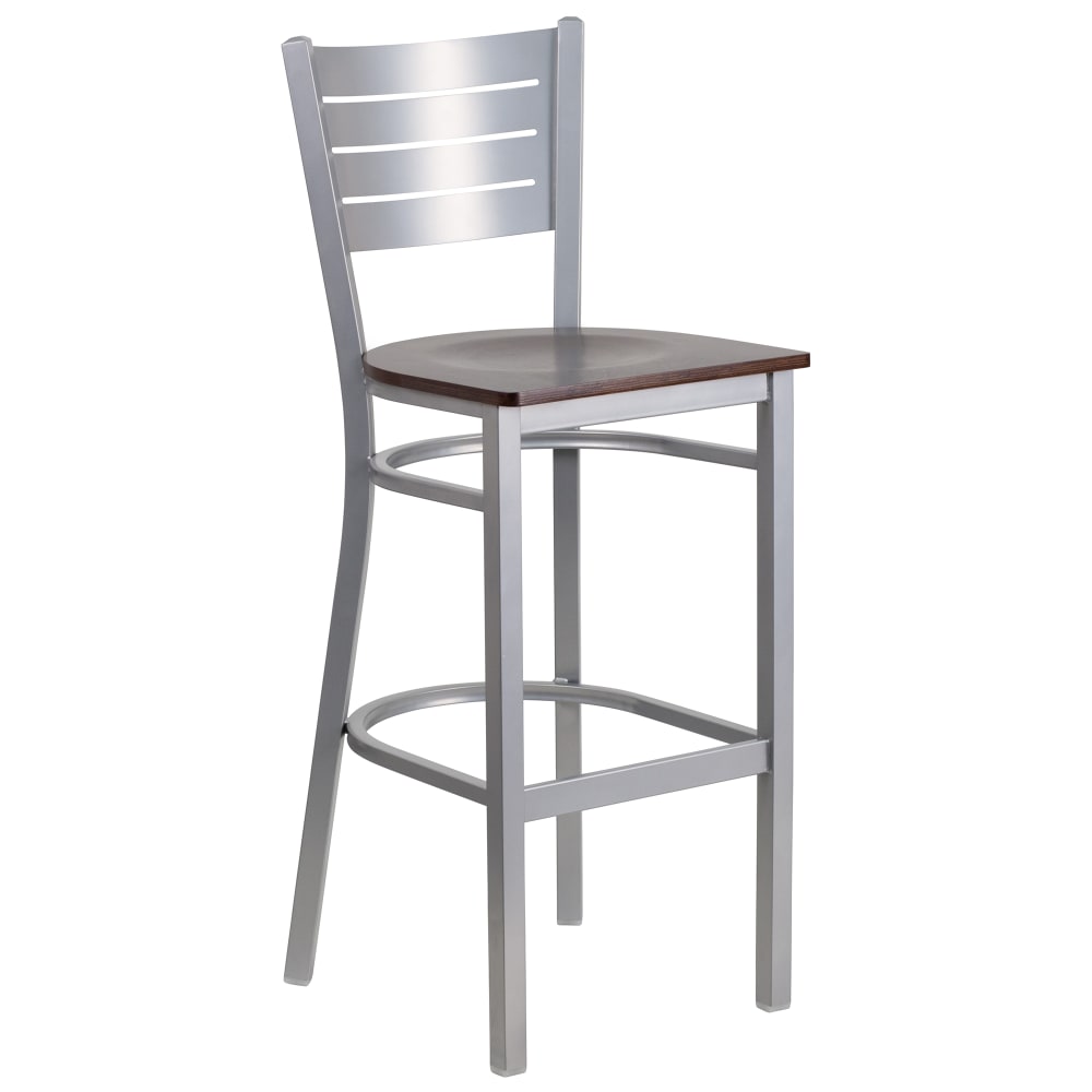 Flash Furniture XU-DG-60402-BAR-WALW-GG Bar Stool w/ Metal Slat Back & Walnut Wood Seat, Silver