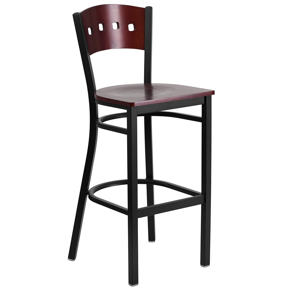 Flash Furniture XU-DG-60515-MAH-BAR-MTL-GG Bar Stool w/ Mahogany Wood Back & Wood Seat, Black