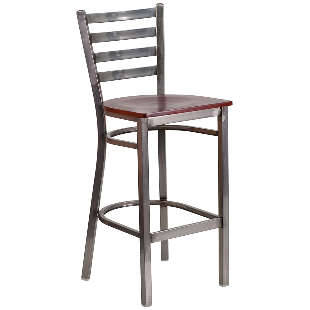 Flash Furniture XU-DG697BLAD-CLR-BAR-MAHW-GG Bar Stool w/ Ladder Back & Mahogany Wood Seat, Clear Coat Steel