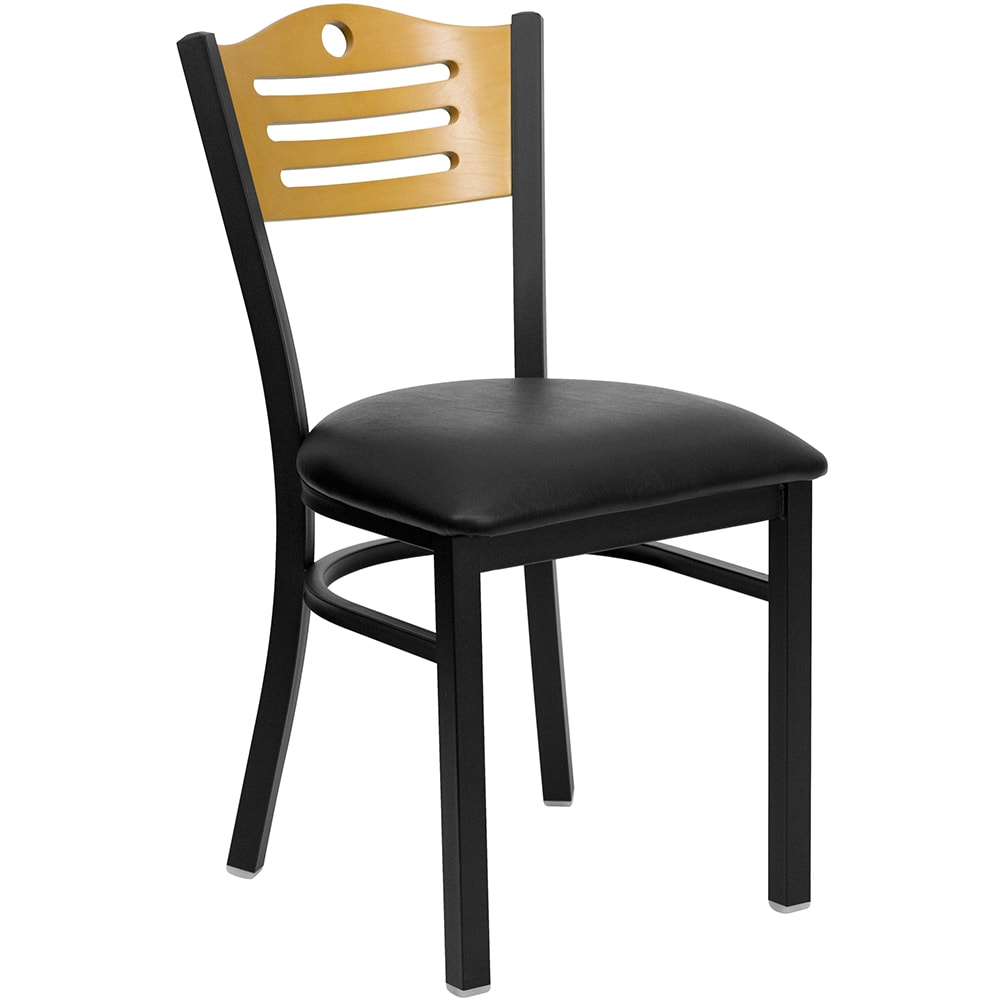 Flash Furniture XU-DG-6G7B-SLAT-BLKV-GG Restaurant Chair w/ Natural Wood Back & Black Vinyl Seat - Steel Frame, Black