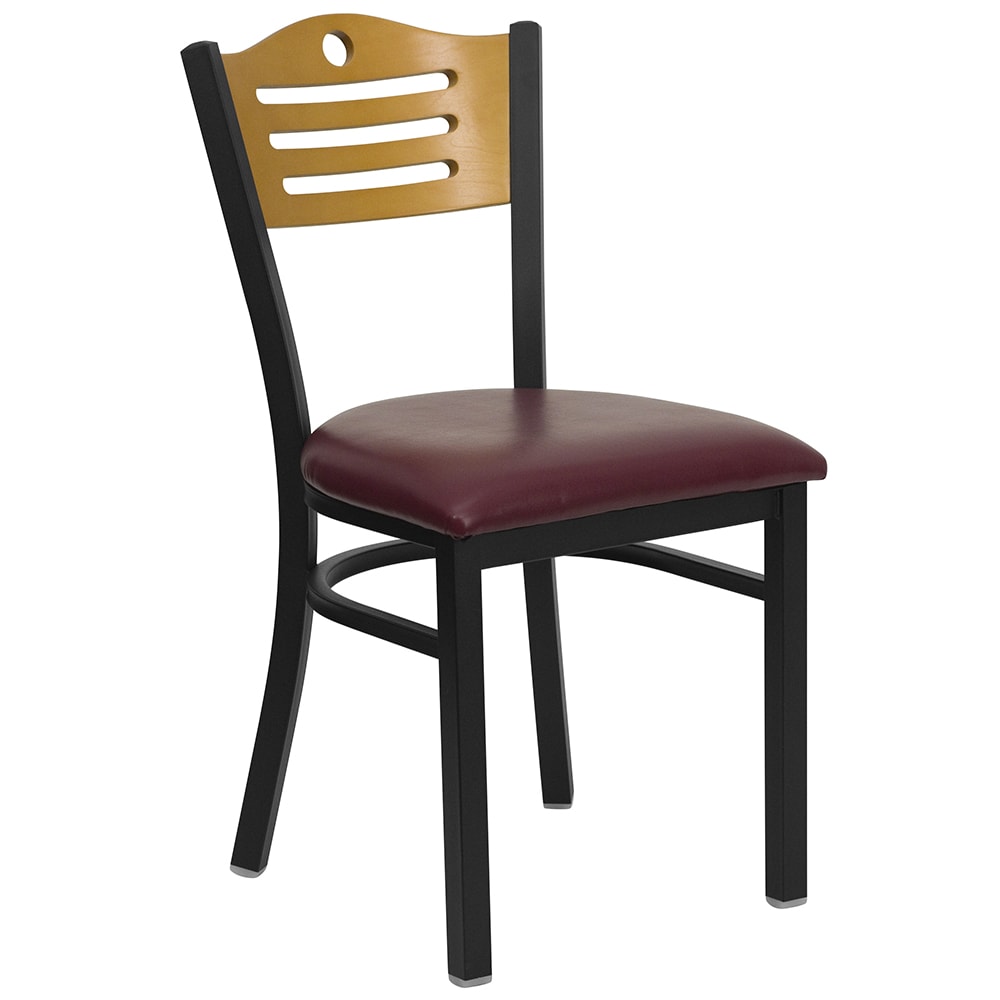 Flash Furniture XU-DG-6G7B-SLAT-BURV-GG Restaurant Chair w/ Natural Wood Back & Burgundy Vinyl Seat - Steel Frame, Black