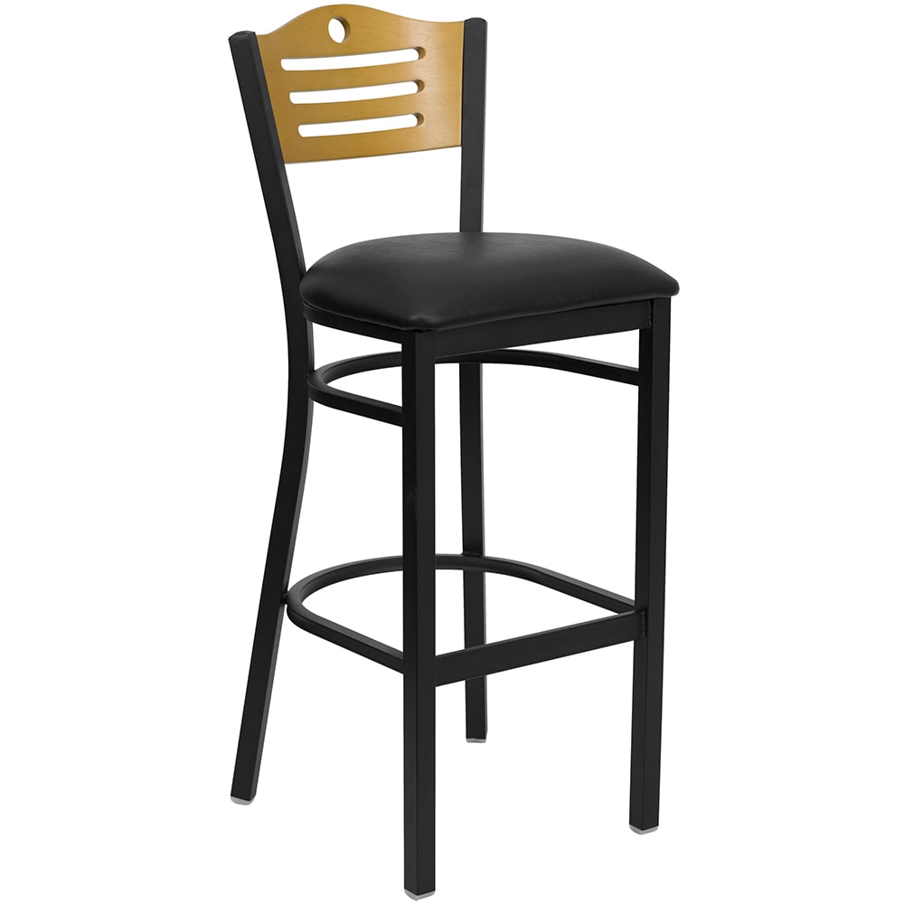 Flash Furniture XU-DG-6H3B-SLAT-BAR-BLKV-GG Bar Stool w/ Natural Wood Back & Black Vinyl Seat, Black