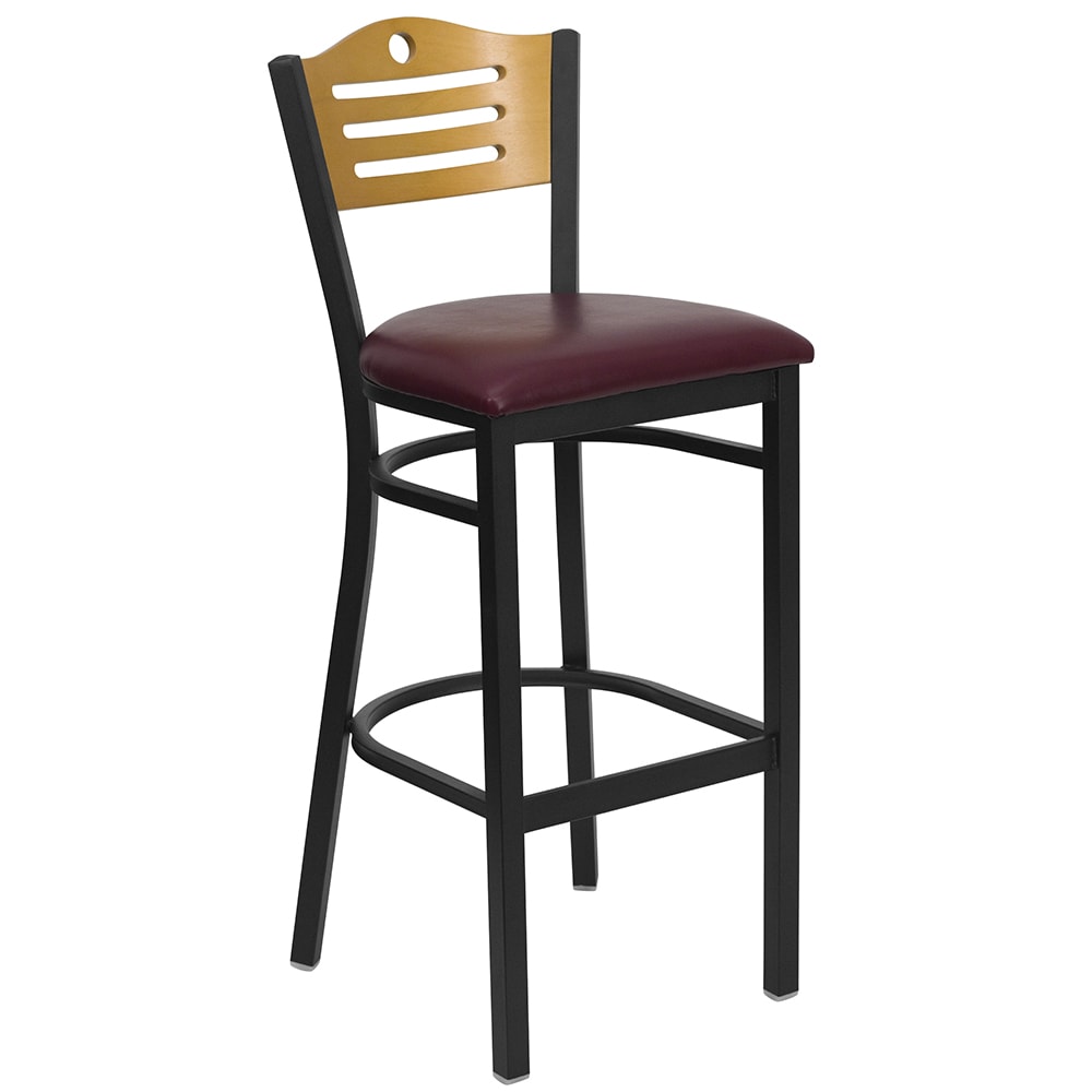 Flash Furniture XU-DG-6H3B-SLAT-BAR-BURV-GG Bar Stool w/ Natural Wood Back & Burgundy Vinyl Seat, Black