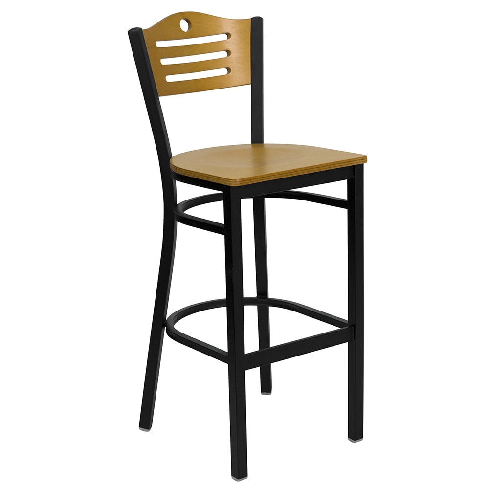 Flash Furniture XU-DG-6H3B-SLAT-BAR-NATW-GG Bar Stool w/ Natural Wood Back & Wood Seat, Black