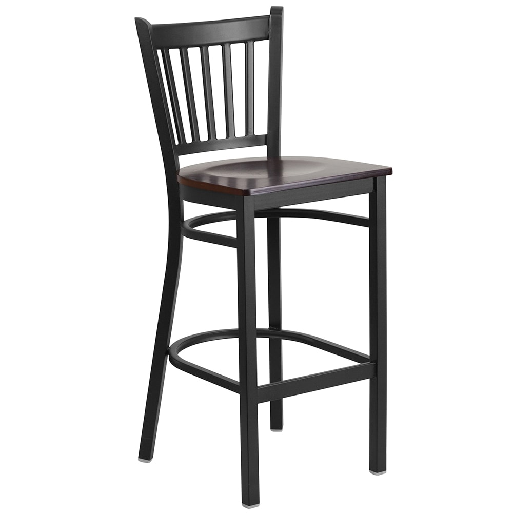 Flash Furniture XU-DG-6R6B-VRT-BAR-WALW-GG Bar Stool w/ Metal Vertical Slat Back & Walnut Wood Seat, Black