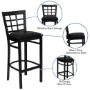 Flash Furniture XU-DG6R7BWIN-BAR-BLKV-GG Bar Stool w/ Metal Window Pane Back & Black Vinyl Seat, Black thumbnail 3