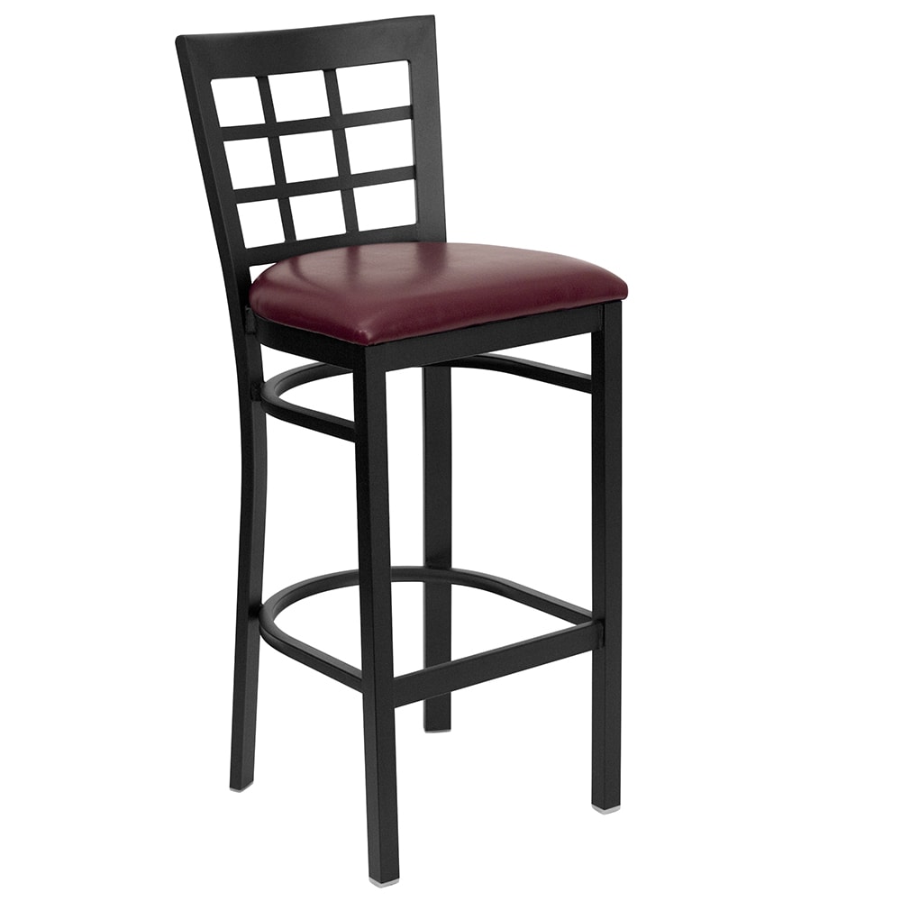 Flash Furniture XU-DG6R7BWIN-BAR-BURV-GG Bar Stool w/ Metal Window Pane Back & Burgundy Vinyl Seat, Black