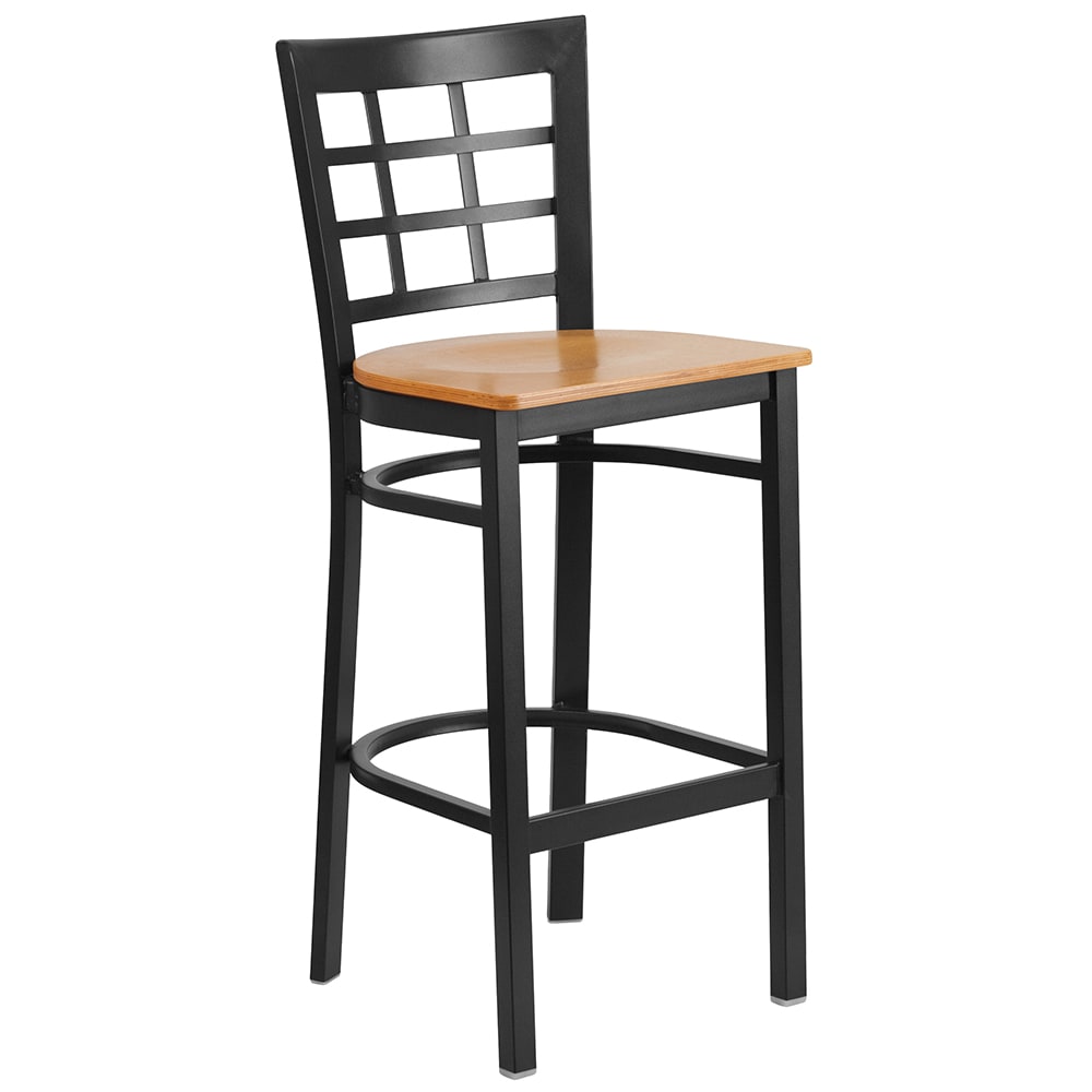 Flash Furniture XU-DG6R7BWIN-BAR-NATW-GG Bar Stool w/ Metal Window Pane Back & Natural Wood Seat, Black