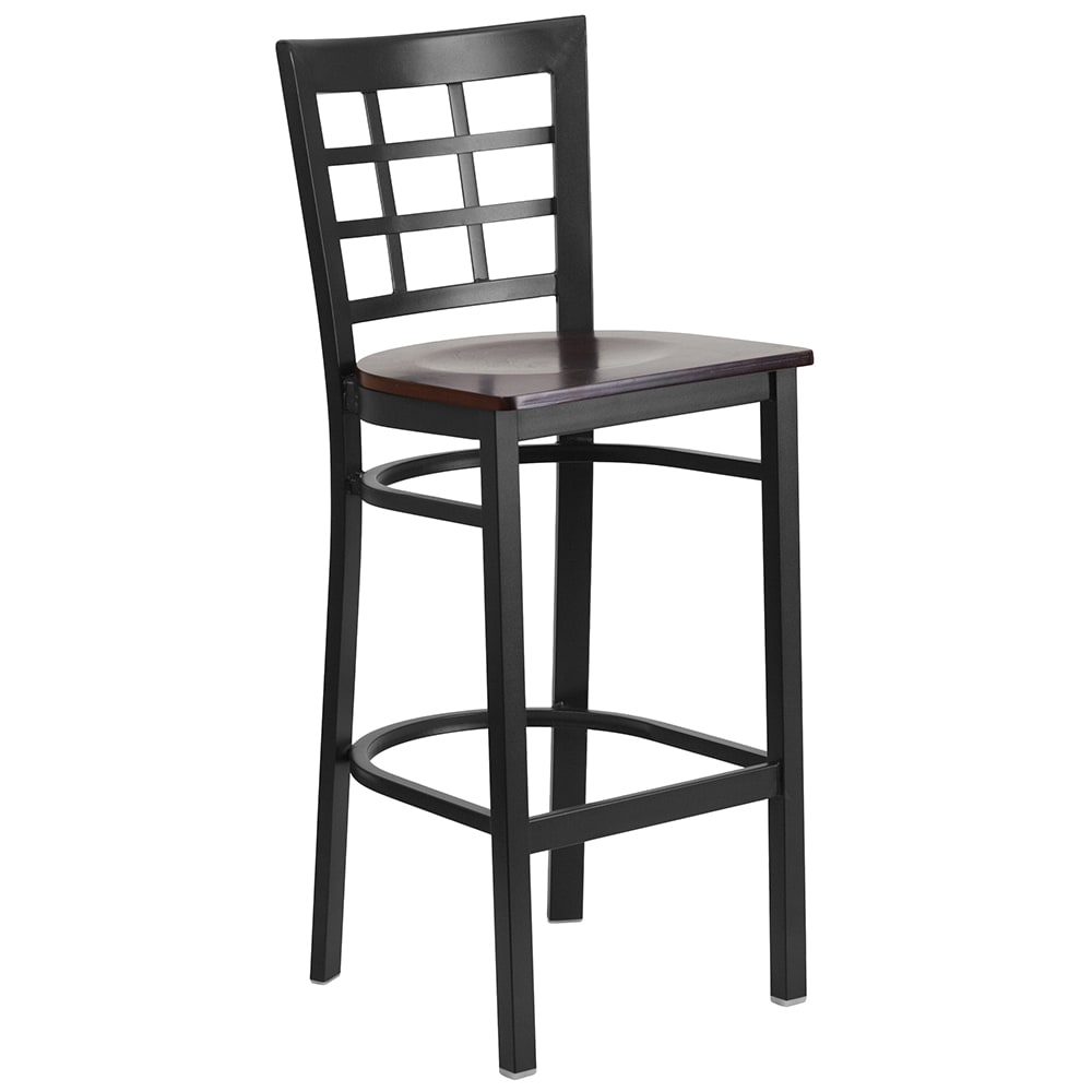 Flash Furniture XU-DG6R7BWIN-BAR-WALW-GG Bar Stool w/ Metal Window Pane Back & Walnut Wood Seat, Black