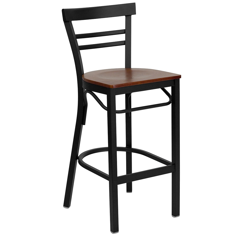 Flash Furniture XU-DG6R9BLAD-BAR-CHYW-GG Bar Stool w/ Metal Ladder Back & Cherry Wood Seat, Black