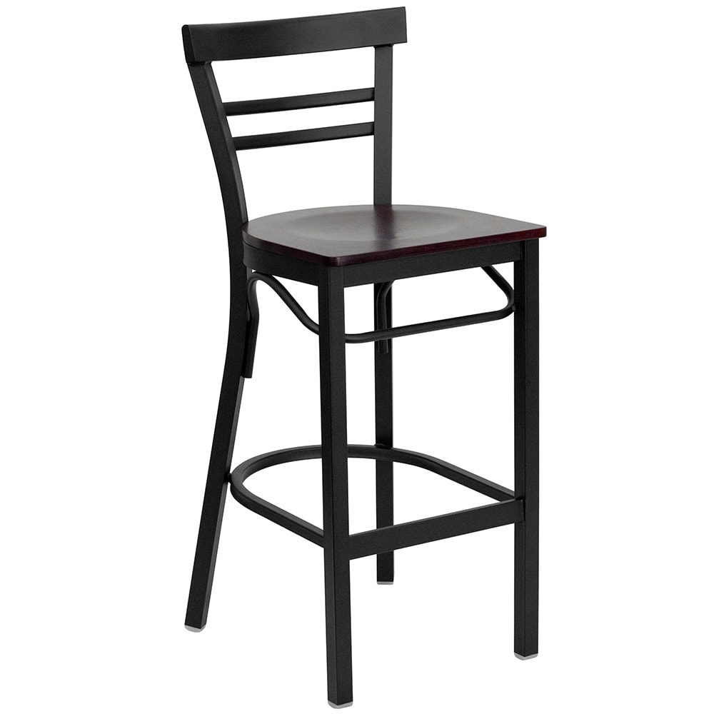 Flash Furniture XU-DG6R9BLAD-BAR-MAHW-GG Bar Stool w/ Metal Ladder Back & Mahogany Wood Seat, Black