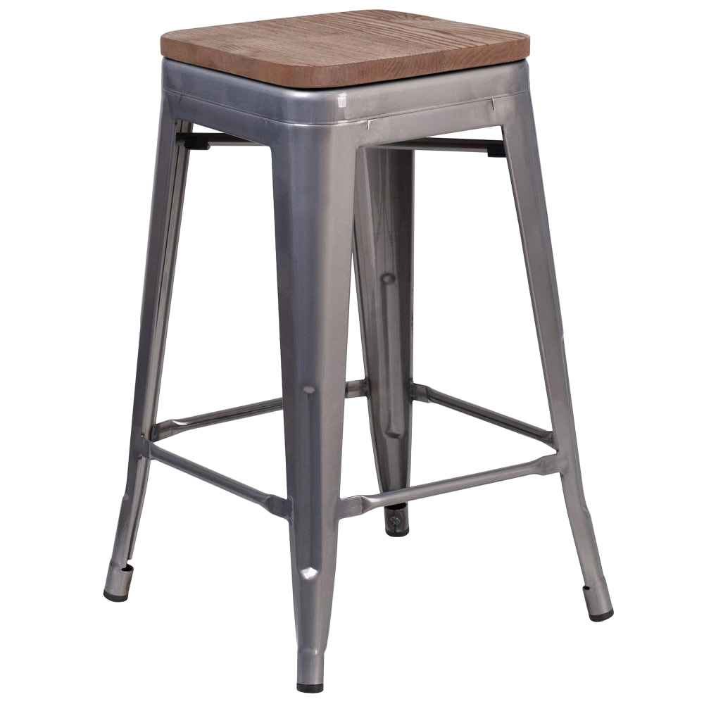 Flash Furniture XU-DG-TP0004-24-WD-GG Backless Bar Stool w/ Wood Seat, Silver