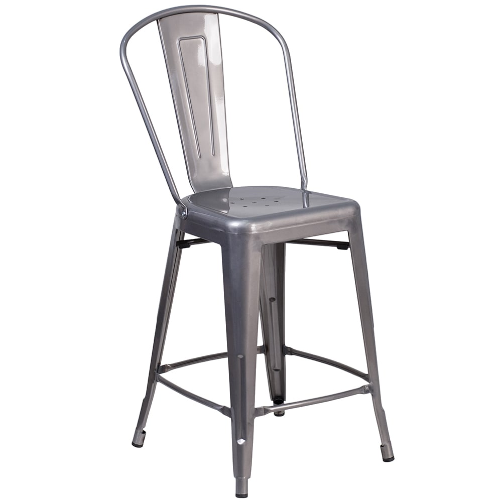 Flash Furniture XU-DG-TP001B-24-GG Bar Stool w/ Curved Back & Metal Seat, Silver