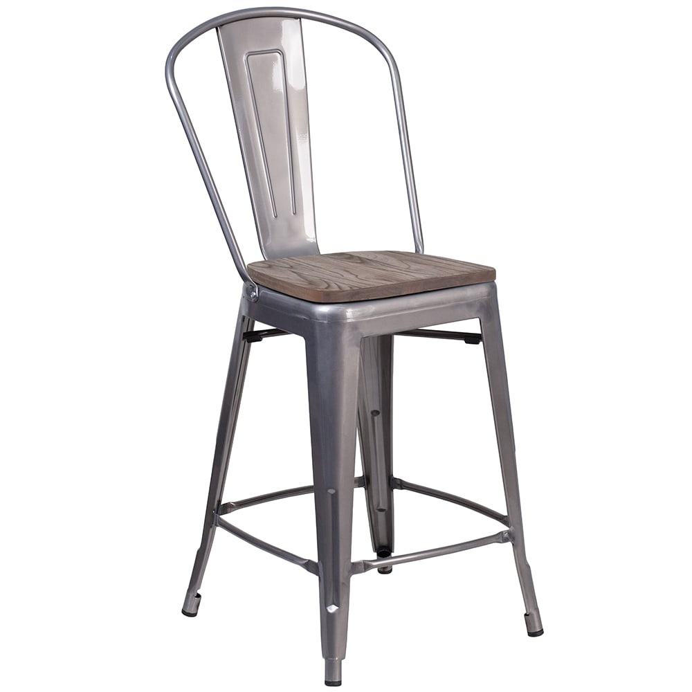 Flash Furniture XU-DG-TP001B-24-WD-GG Bar Stool w/ Curved Back & Wood Seat, Silver