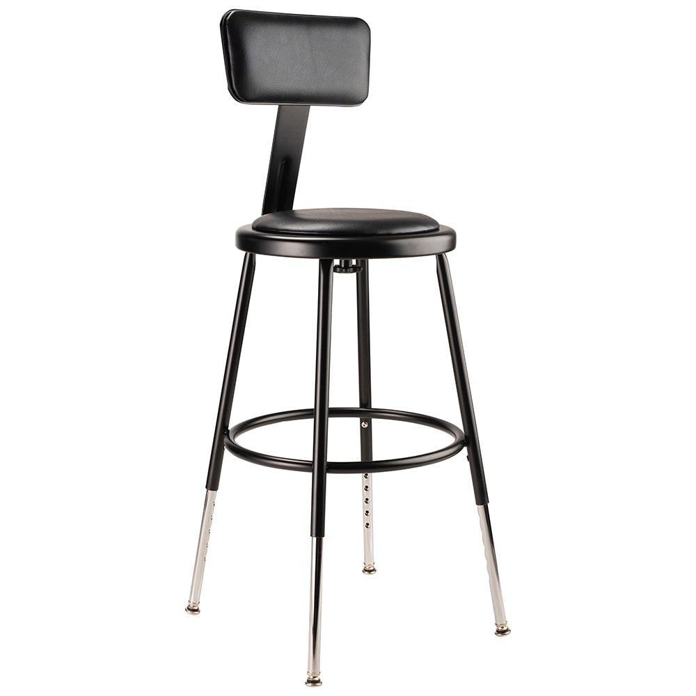 National Public Seating 6418HB-10 Round Stool w/ Black Vinyl Padded Back & Black Vinyl Padded Seat, Black