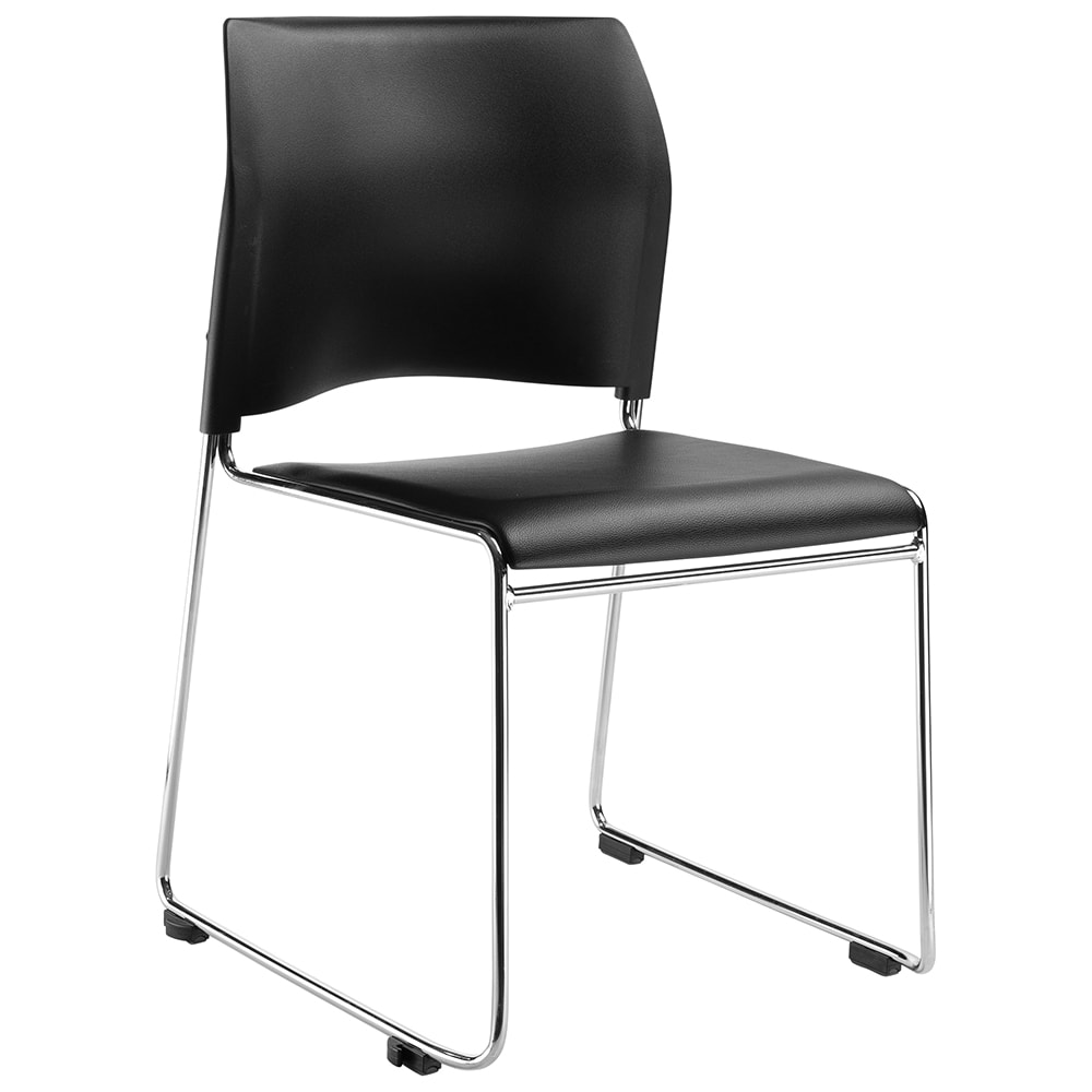 National Public Seating 8710-11-10 Stacking Chair w/ Black Plastic Back & Black Vinyl Seat - Steel Frame, Silver