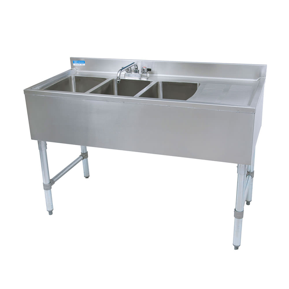 BK Resources UB4-21-348RS 48" Underbar Sink Unit w/ (3) Compartments - 13 5/8" Right Drainboard, Stainless Legs