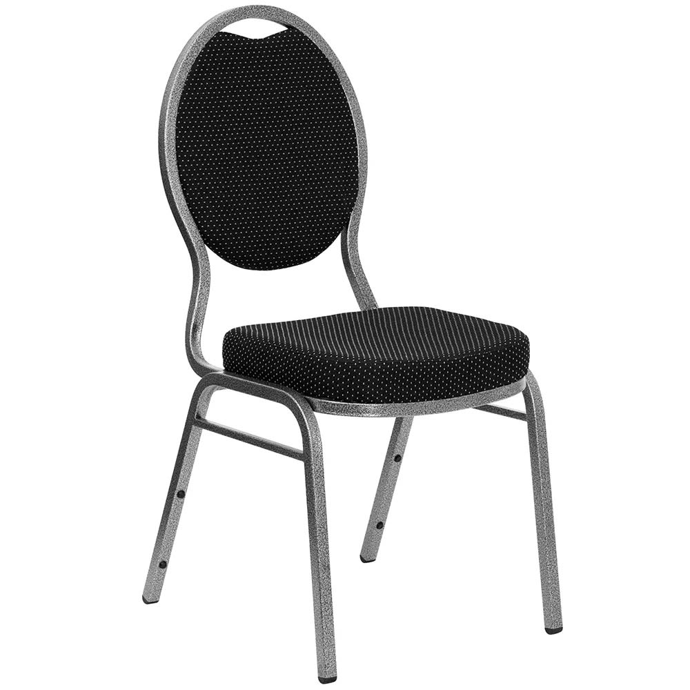 MoTak M005 Stackable Banquet Chair - Silver Steel Frame w/ Black Patterned Fabric Back & Seat