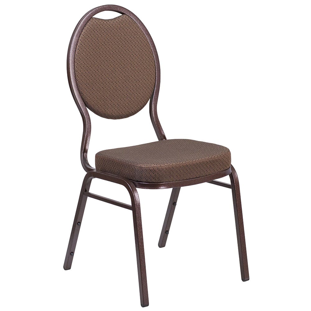 MoTak M017 Stackable Banquet Chair - Copper Steel Frame w/ Brown Patterned Fabric Back & Seat