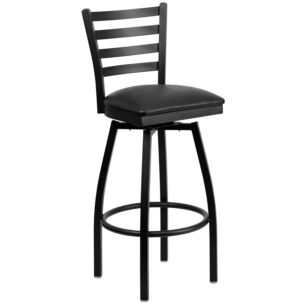 MoTak M019 Swivel Bar Stool w/ Ladder Back - Black Vinyl Seat, Black Powder Coated Steel