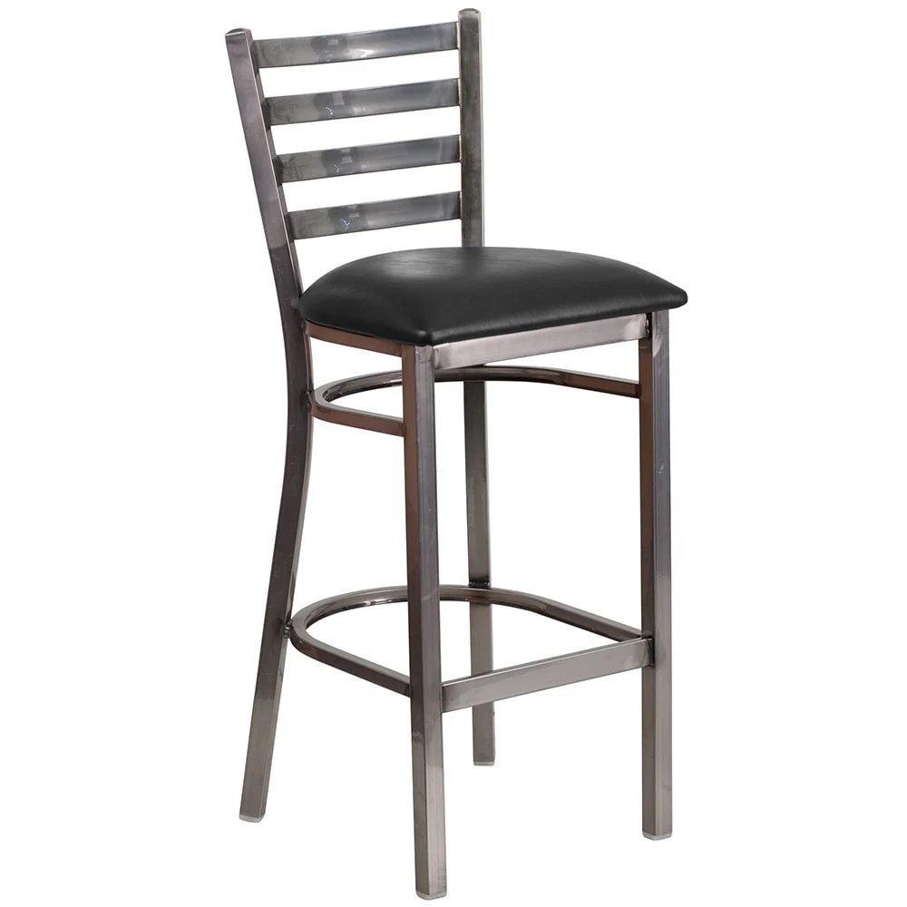 MoTak M024 Bar Stool w/ Powder Coated Steel Ladder Back & Black Vinyl Seat, Clear Coated Steel
