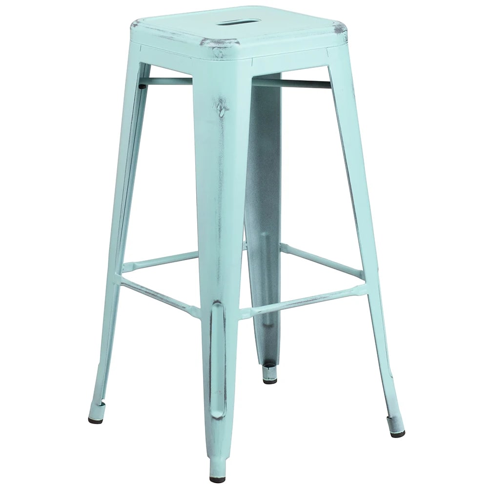 MoTak M036 Backless Bar Stool - Power Coated Steel, Distressed Green Blue