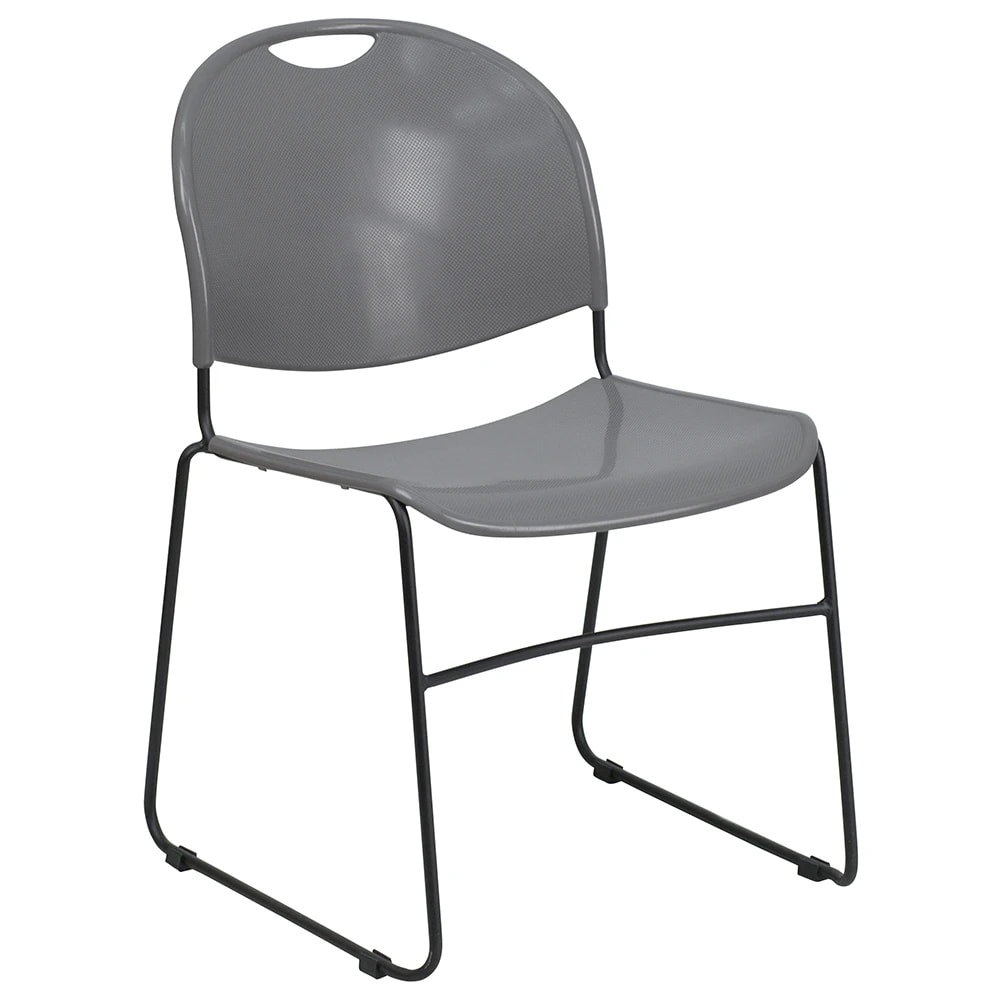 MoTak M037 Indoor/Outdoor Stackable Chair w/ Gray Plastic Back & Seat - Black Powder Coated Metal Frame
