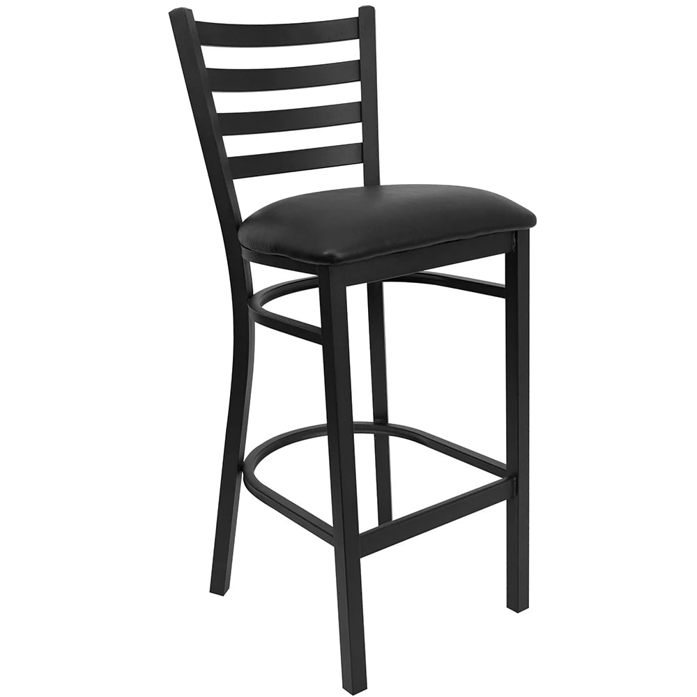 MoTak M038 Bar Stool w/ Black Powder Coated Steel Ladder Back, Black Vinyl Seat