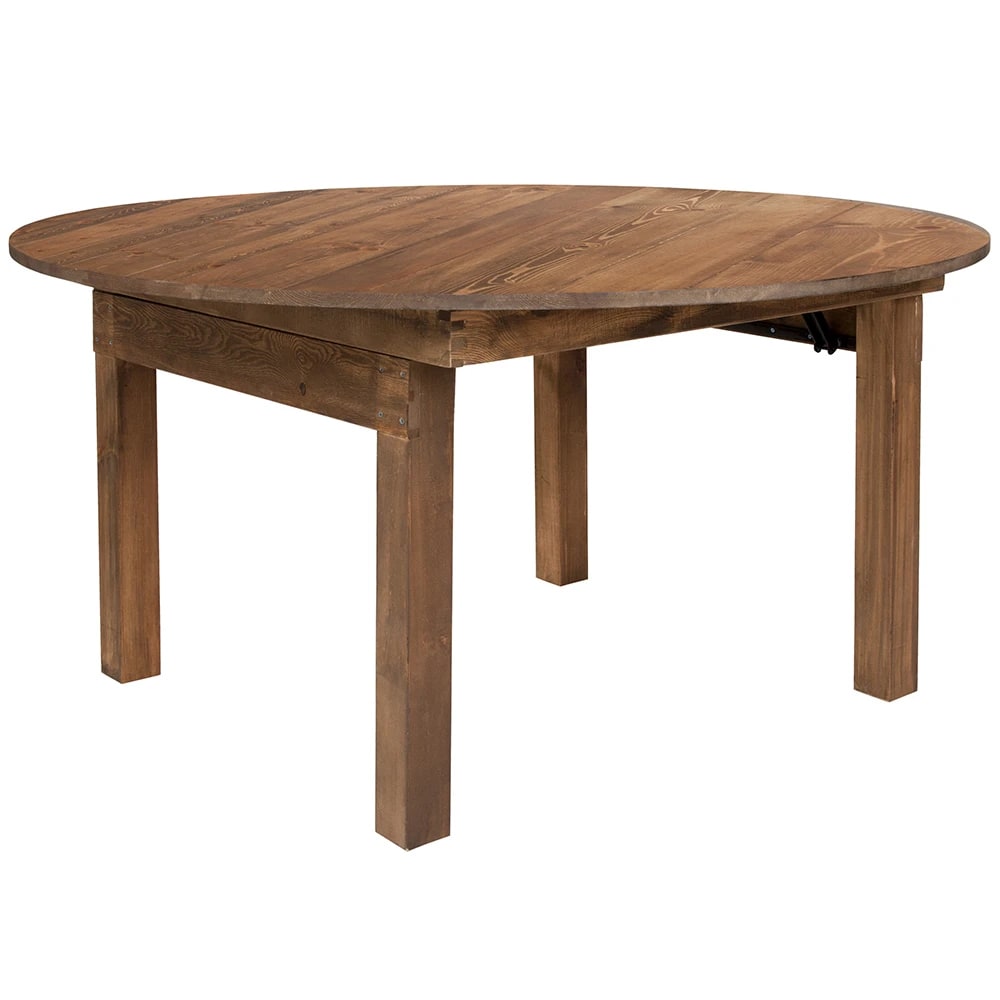 MoTak M043 59 3/4" x 30"H Round Folding Dining Table - Solid Pine, Antique Rustic