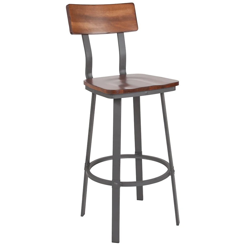 MoTak M045 Bar Stool w/ Gray Powder Coated Steel Frame - Walnut Wood Back & Seat