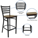 MoTak M051 Bar Stool w/ Black Powder Coated Steel Ladder Back, Mahogany Wood Seat thumbnail 3