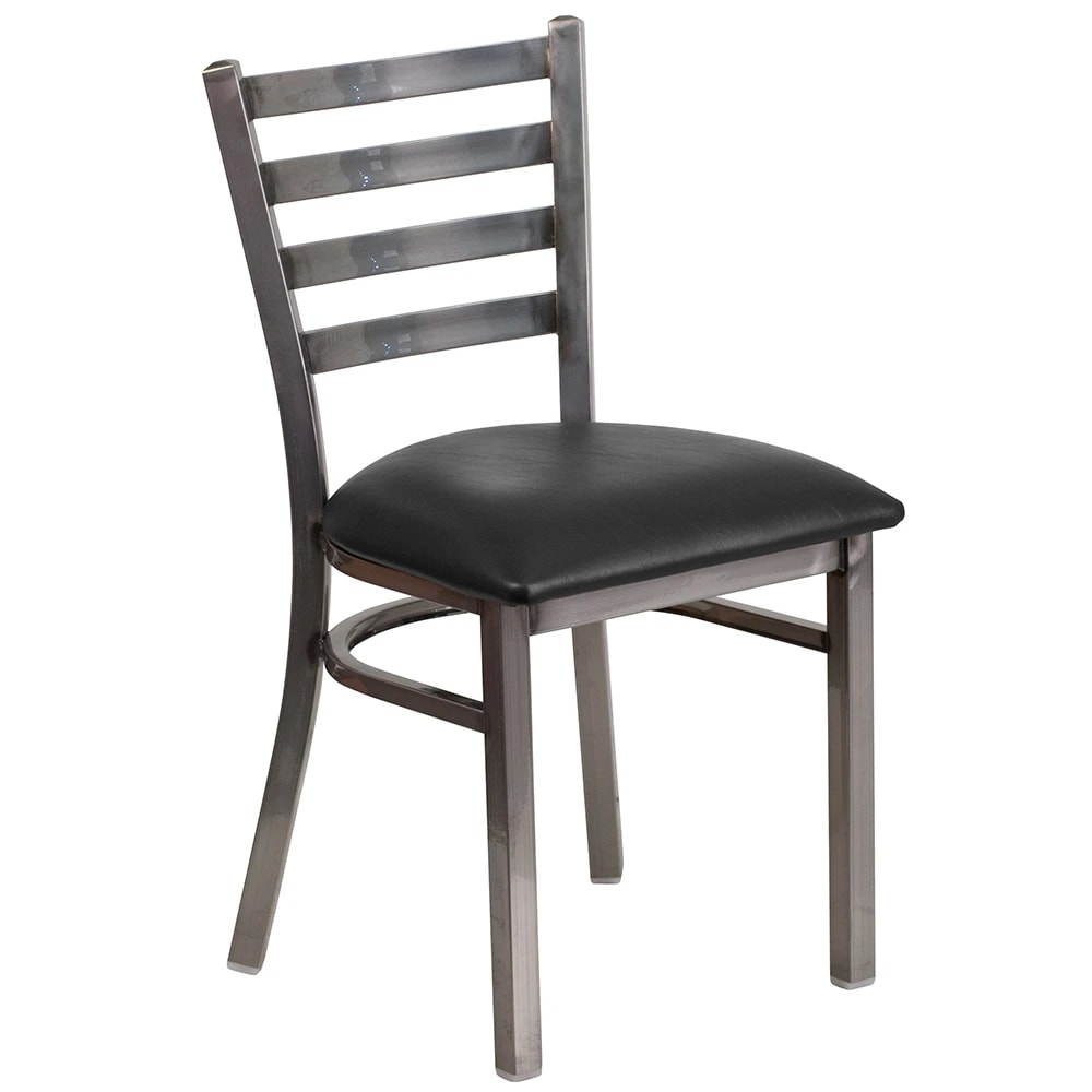 MoTak M055 Restaurant Chair w/ Ladder Back - Black Vinyl Seat w/ Silver  Powder Coated Steel Frame
