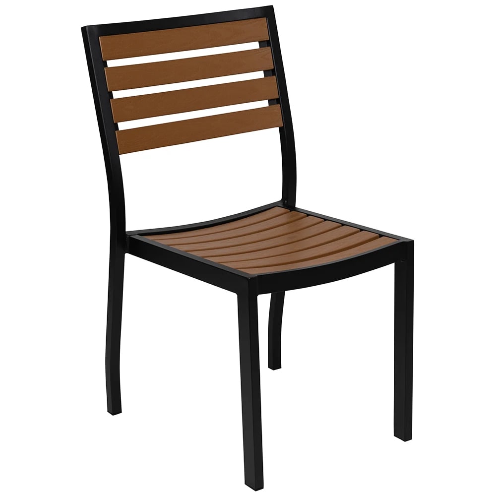 MoTak M061 Outdoor Stacking Side Chair w/ Horizontal Slat Back - Brown Faux Wood, Black Aluminum Frame