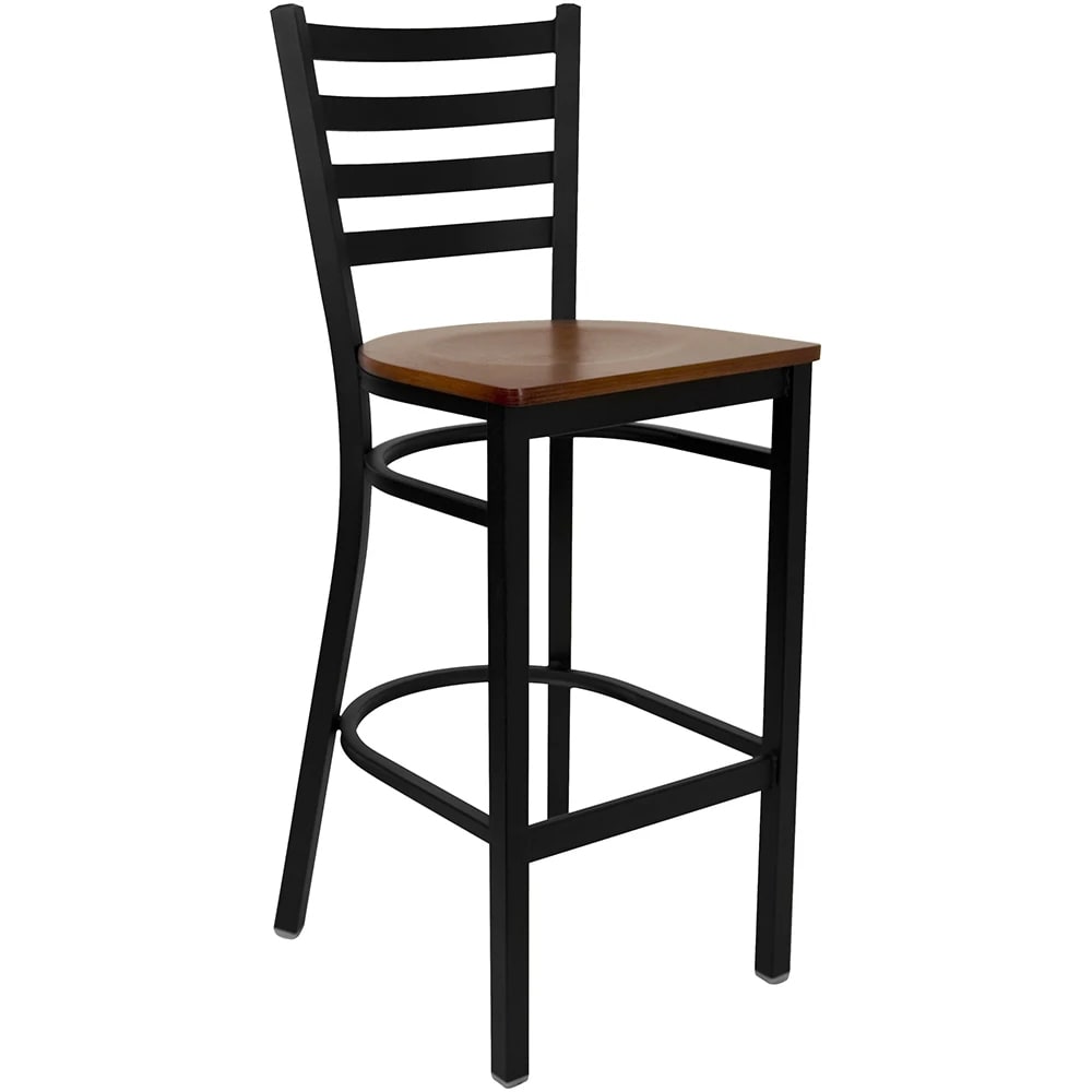 MoTak M063 Bar Stool w/ Black Powder Coated Steel Ladder Back, Cherry Wood Seat
