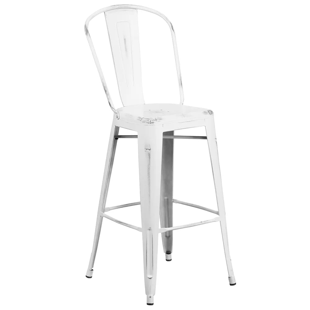MoTak M064 Bar Stool w/ Curved Back - Powder Coated Steel, Distressed White