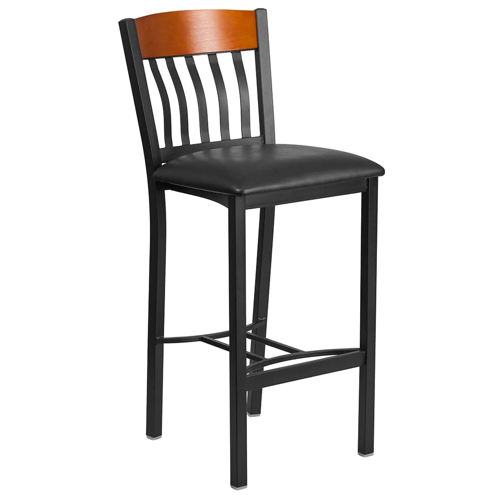 MoTak M077 Bar Stool w/ Black Powder Coated Steel Vertical Slat Back, Black Vinyl Seat