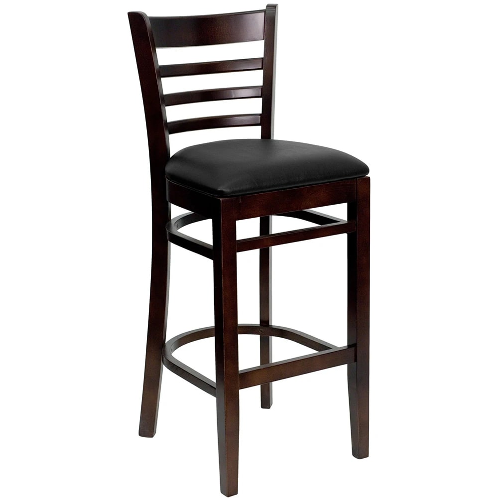 MoTak M083 Bar Stool w/ Walnut Wood Ladder Back, Black Vinyl Seat