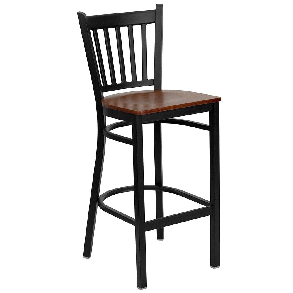 MoTak M085 Bar Stool w/ Black Powder Coated Steel Vertical Slat Back, Cherry Wood Seat