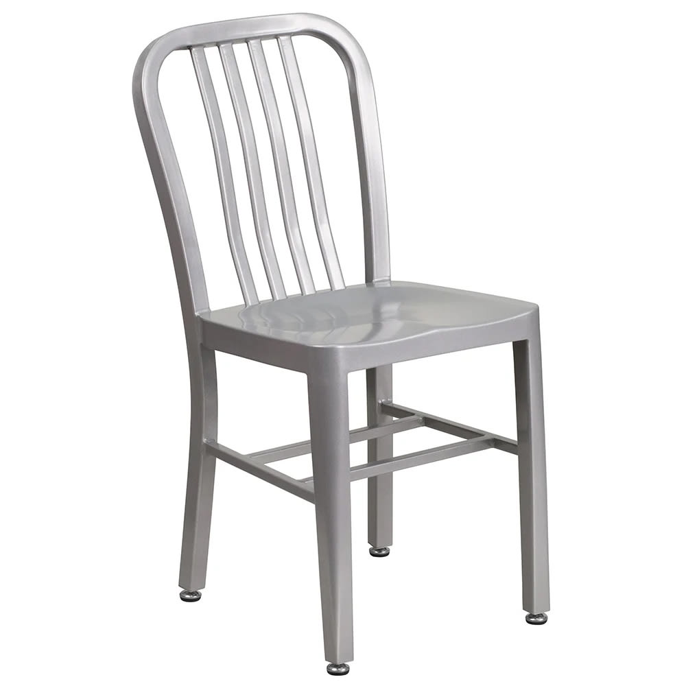 MoTak M086 Chair w/ Vertical Slat Back - Silver Powder Coated Steel, Indoor/Outdoor