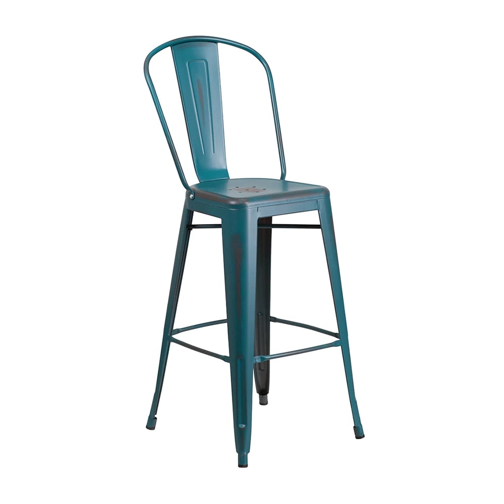 MoTak M101 Bar Stool w/ Curved Back - Powder Coated Steel, Distressed Kelly Blue