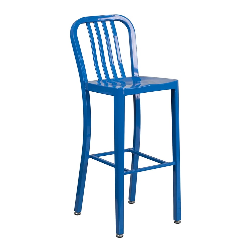 MoTak M117 Bar Stool w/ Vertical Slat Back - Powder Coated Steel, Blue