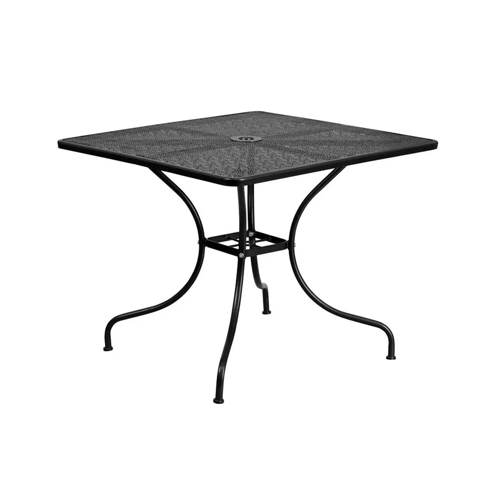 MoTak M129 35 1/2" Square Patio Table w/ Umbrella Hole - Steel, Black w/ Rain Flower Design Top